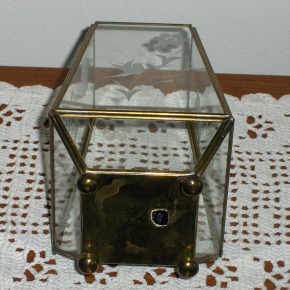 Vintage Brass & Glass Candle Display Case Footed with Floral & Bird Etching - Picture 4 of 9